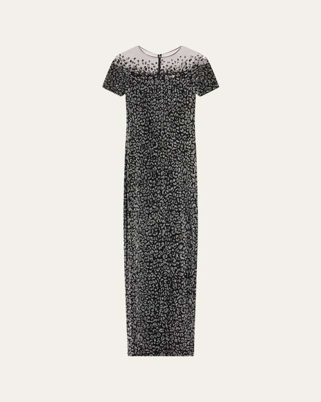 Leopard Sequined Off-The-Shoulder Illusion Gown